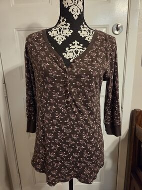 GAP Brown Floral Henley 3/4 Sleeve Top